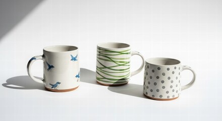 Artisanal Trio of Coffee Cups: A delightful composition showcasing three handcrafted coffee mugs, each adorned with unique artistic designs. This image highlights the beauty of artisan craftsmanship.