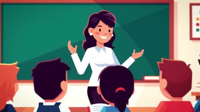 Animated teacher explaining lesson to students in a classroom with a green blackboard, 2D animation style, vector graphics, and corporate style elements