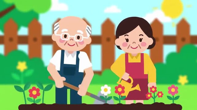 Elderly couple gardening together in a sunny backyard with vibrant flowers, showcasing a heartwarming scene in vector style flat design