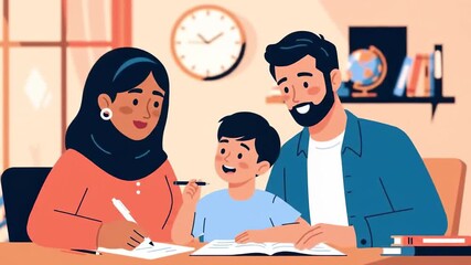 A family in a cozy home setting with a vector style illustration, engaging in a flat lay composition, surrounded by educational materials and modern 2D animation elements