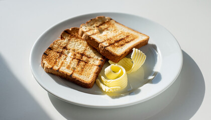 Toasted Bread Slices with Butter on White Plate