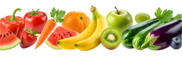 A vibrant and colorful assortment of fresh fruits and vegetables arranged in a rainbow gradient on a white background, showcasing healthy eating.