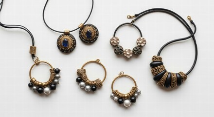 Adornments of Elegance: A curated selection of necklaces and earrings is artfully arranged. Each piece narrates a tale of exquisite taste and design.