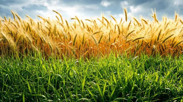 A golden wheat field under cloudy sky. A field of green grass in foreground, capturing the essence of rural agricultural scenery.