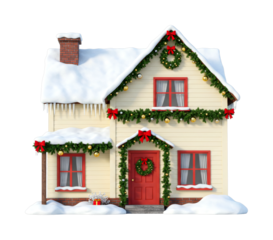 Charming Christmas house decorated with festive garlands, wreaths, and ornaments, covered in fresh snow and icicles, creating a cozy winter holiday scene.