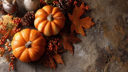 Two orange pumpkins sit among colorful leaves pinecones and berries on a rustic surface. This setup showcases autumn elements during fall.