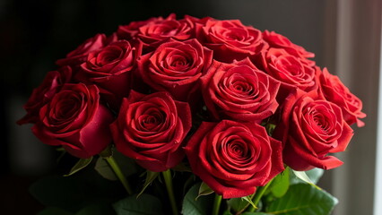 Obraz premium Bouquet of red roses for valentine, fresh flowers close up, romantic mood, natural light, dark elegant background, shallow depth of field, premium stock photo, no people, no text three