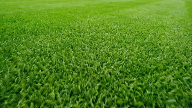 A vibrant green grass field with short blades creates a textured background with natural light ideal for sports or outdoor concepts.