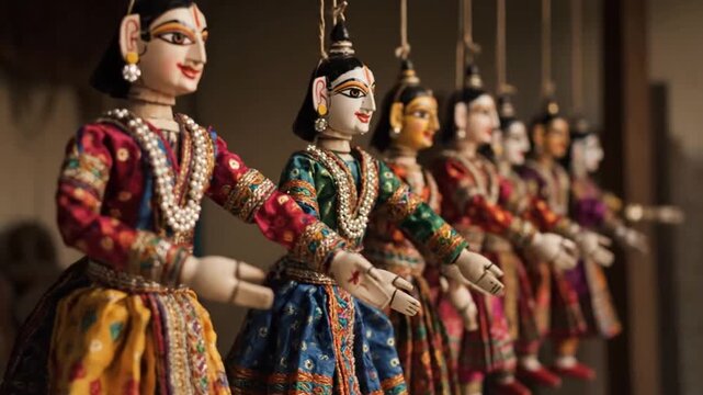 Colorful Indian Kathputli puppets hanging in a row, traditional Rajasthani string puppetry art for the Hindu Spring Festival celebration.