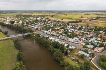 Aerial view of historic Morpeth on the Hunter River. Popular with tourists, this was once a thriving river port established in the 1830s in the Hunter region of NSW, Australia.