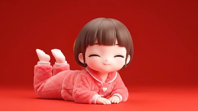 Adorable Cartoon Girl in Cozy Valentine Day Pajamas with Golden Heart Background, Perfect for Romantic and Sweet Content