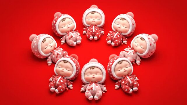 Adorable Sleeping Baby Dolls in Cute Valentine Day Pajamas Arranged in a Circle on a Red Background
