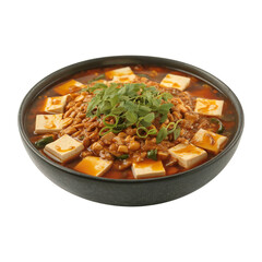Bowl of Mapo Tofu with Cilantro Garnish on a Transparent Background