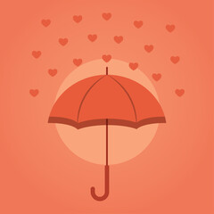 Valentine umbrella illustration. Single umbrella centered form. Heart-shaped raindrops falling around. Soft circular glow backdrop. Playful romantic weather scene.