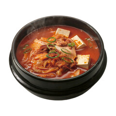 Kimchi Soup with Tofu in Black Bowl on a Transparent Background