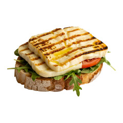 Grilled Halloumi Cheese Sandwich with Arugula on a Transparent Background