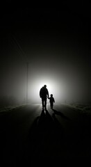 Father And Son Walking Silhouetted Down Foggy Road &ndash; Love, Protection, Parenthood Concept