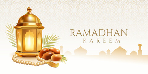 Traditional Ramadhan Kareem Illustration with Lantern Dates and Prayer Beads