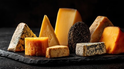 Cheese of various shapes and colors is displayed on a black surface. The scene highlights textures and forms of different kinds of cheese in natural light.