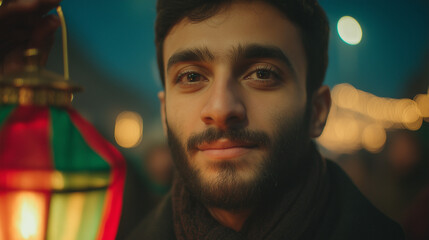 A contemplative young man amidst the vibrant lights and lanterns during Dahe ye Fajr celebrations in Iran's Fajr Decade