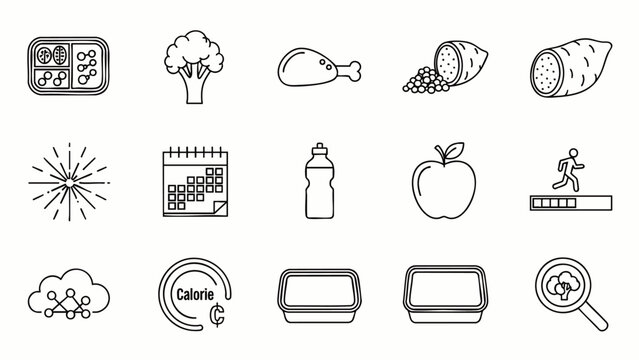 Healthy Eating Icons: Diet, Nutrition, Fitness, Meal Prep, and Calorie Tracking - Vector Line Art