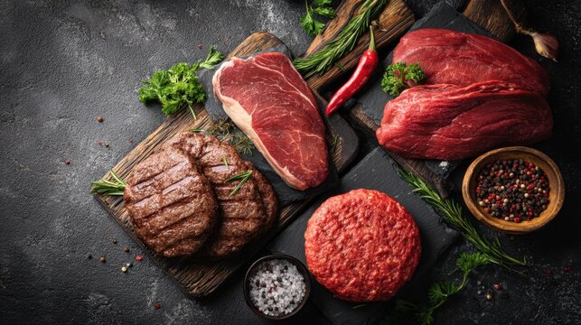 Several cuts of raw beef are displayed on wooden boards. There are steaks ground beef and patties alongside fresh herbs and spices in a kitchen setting.