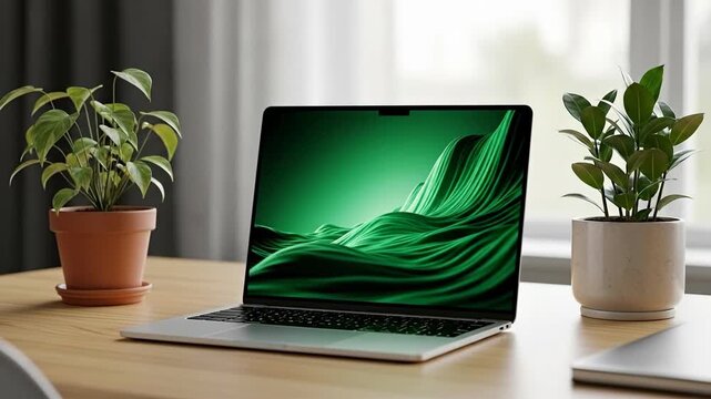 A sleek laptop showcasing green wave patterns on a wooden desk.