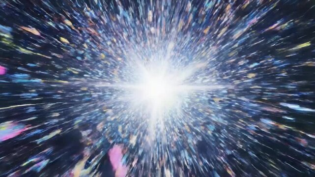 Abstract 3D animation of colorful geometric shapes exploding and rotating in a dark space, vibrant particles.