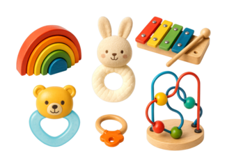 Baby toys collection featuring a colorful wooden rainbow stacker, a soft bunny rattle, and other educational playthings for early childhood development.