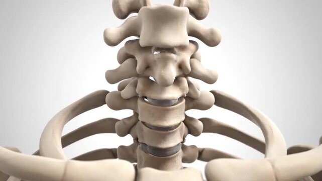 3D rendering of human cervical and upper thoracic spine with artificial disc implants.