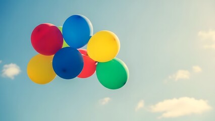 Vibrant colorful balloons floating in clear blue sky with fluffy white clouds