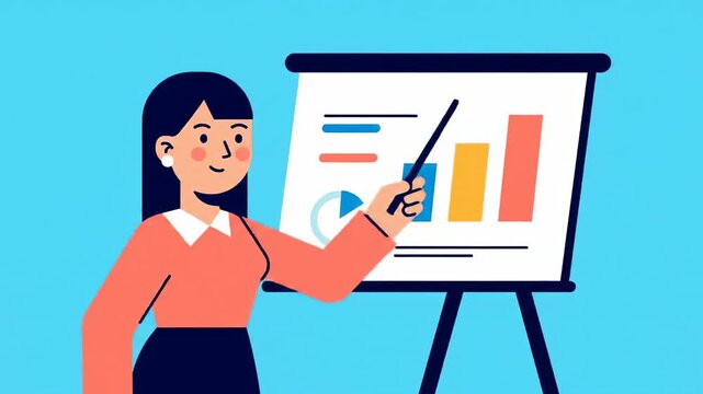 A young professional woman in a corporate style outfit presenting a 2D animation of a bar chart on a projector screen with a vector style flat design layout