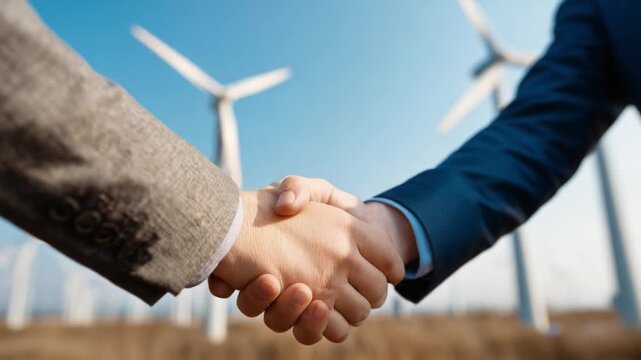 Energy Partnership: A symbol of unity as two hands clasp in a firm handshake against the backdrop of wind turbines, embodying collaboration and commitment to sustainable energy. 