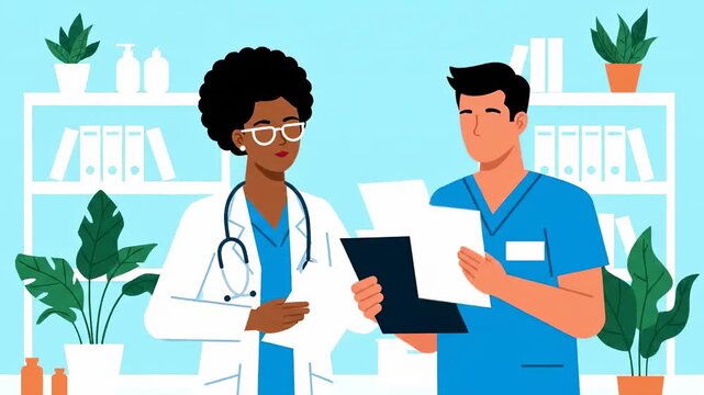 A doctor and nurse in a corporate style hospital office reviewing a patient's file together with a 2D animation style vector illustration
