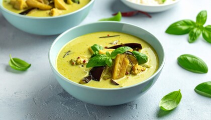 Vibrant and creamy Thai green curry, a delicious authentic Asian dish prepared with tender chicken, rich coconut milk, fresh eggplant, and fragrant basil leaves