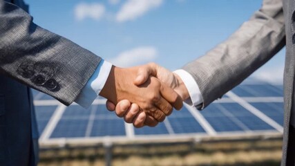 Business Deal with Renewable Energy: Two business people seal a deal with a firm handshake against a backdrop of a solar panel installation.