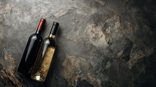 Two bottles of wine sit side by side on a textured dark stone surface. One bottle holds red wine while the other contains white wine. The setting is suitable for dining or tasting events.