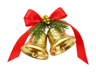 Two golden Christmas bells decorated with a festive red ribbon, green pine needles, and shiny golden berries, symbolizing holiday cheer and celebration.