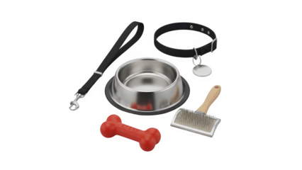 Pet Care Items Set 3D Render Bowl Leash Collar Tag Chew Toy Grooming Brush Isolated on Transparent Background PNG

