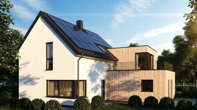 A modern house featuring solar panels, wood cladding, blue sky and green landscape, showcasing architectural design and sustainable energy solutions.