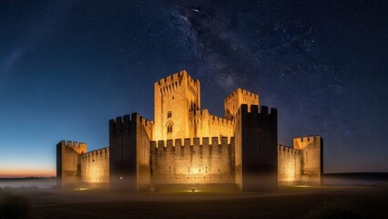 Majestic Medieval Castle Illuminated at Twilight Under a Starry Sky.