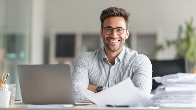 Smiling Professional in Office: A confident professional, radiating positivity, sits at his desk, working on a laptop. Captured in a bright, modern office, a symbol of success and expertise.