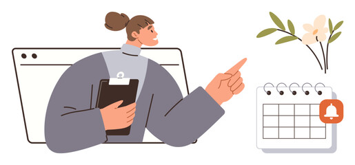 Woman holding clipboard, pointing at calendar with notification icon, floral branch accent. Ideal for time management, organization, productivity, planning, task scheduling, priority setting