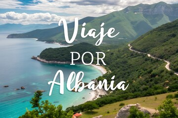 Albania nature scenery travel tourism destination Europe vacation advertising promotion landscape mountains coast text Viaje por Albania travel accessories journey Balkan tourism marketing design post
