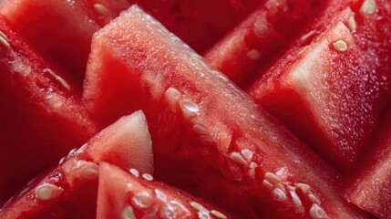 Several slices of fresh watermelon are cut and arranged together on a surface. Each piece shows bright red flesh and small seeds. This snack is popular during warm weather.