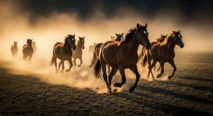 Majestic Herd of Horses Galloping Through a Dusty Field at Sunrise.