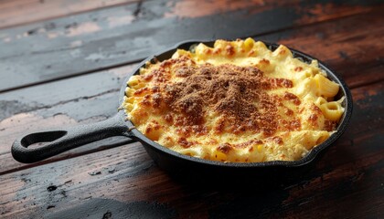 Golden-Crusted Baked Macaroni and Cheese in a Rustic Cast Iron Skillet on Dark Wooden Table, a Hearty and Comforting Culinary Delicacy