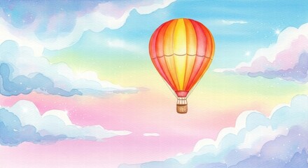 Fototapeta premium Soaring Dreams: An enchanting hot air balloon floats serenely through a pastel-colored sky filled with fluffy clouds. Evoking a sense of freedom, adventure, and boundless possibilities.