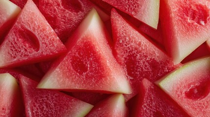 Slices of watermelon are cut into triangles and arranged in a group. The bright red fruit shows its juicy flesh perfect for summer meals or snacks.
