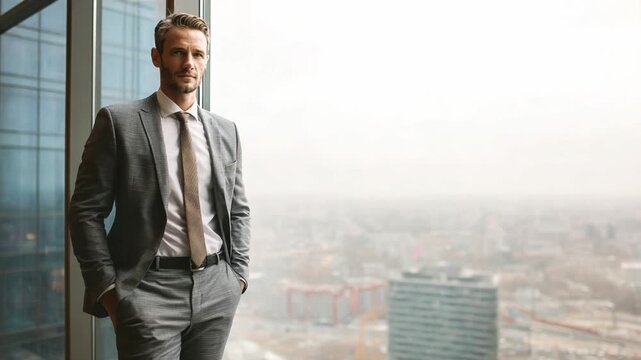 Visionary contemplation: a distinguished figure, garbed in a tailored suit, gazes with intent through an office window, embodying aspiration and ambition. The urban skyline serves as a backdrop.